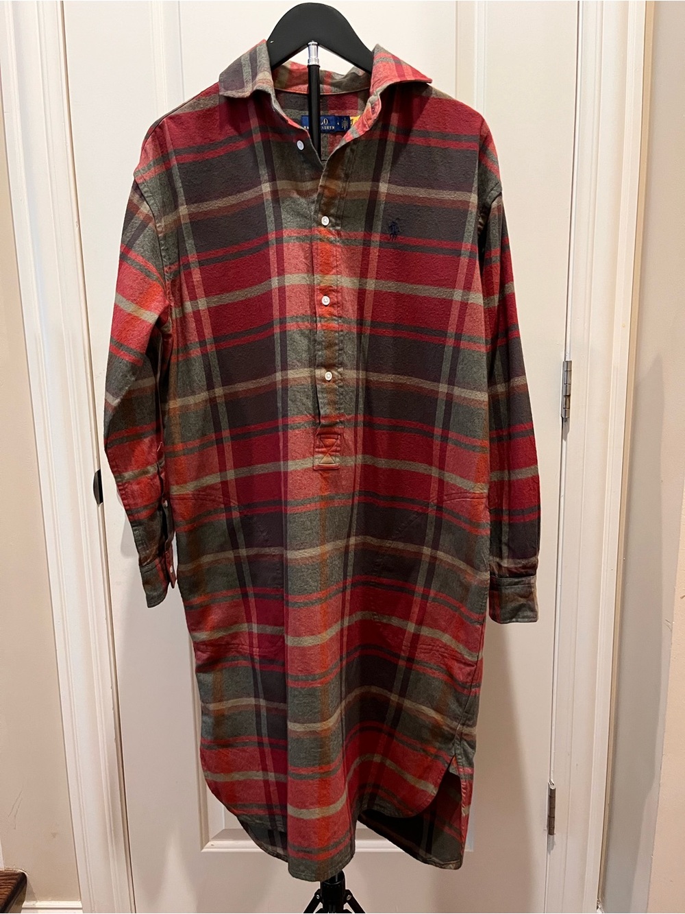 Polo Ralph Lauren Plaid Flannel Popover Midi Shirt Dress Sz 4 Red Green Classic